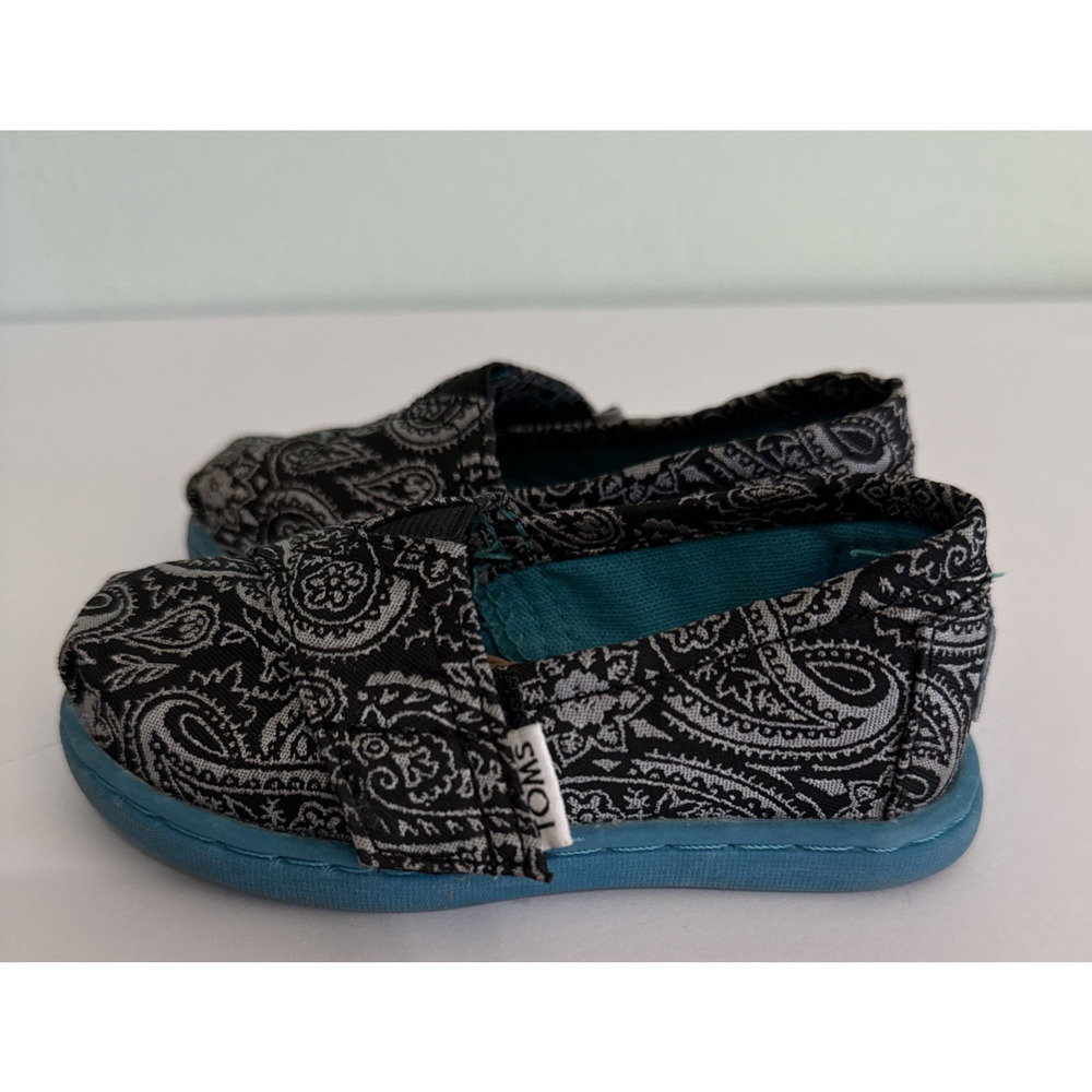 Toms Classics Paisley‎ Slip On Casual Canvas Flat Black/Silver Toddler 5